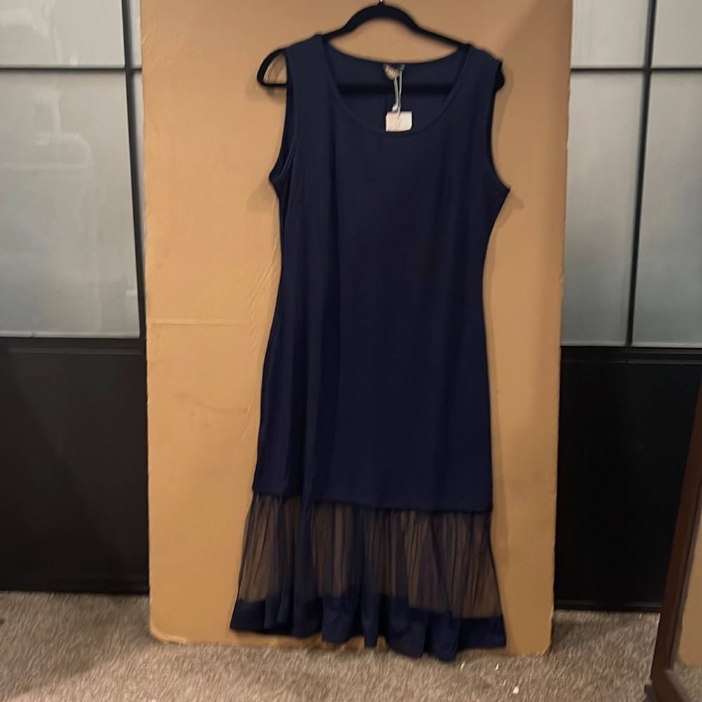 Black short sleeve dress that’s sheer at the bottom.